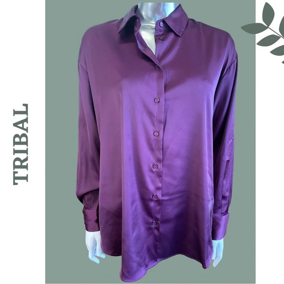 Tribal Black Orchid Long Sleeve Button Down  Satin Shirt Purple Collared - Picture 3 of 9